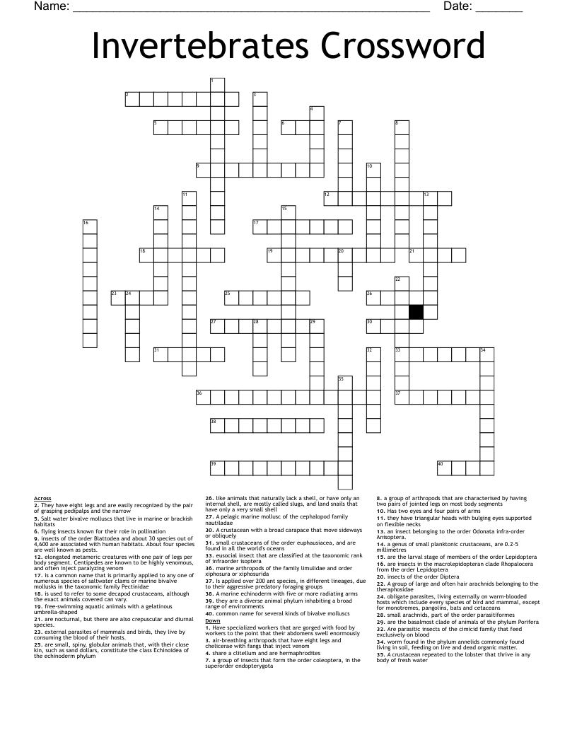 Invertebrates Crossword