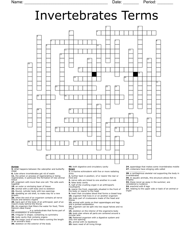 Invertebrates Terms Crossword