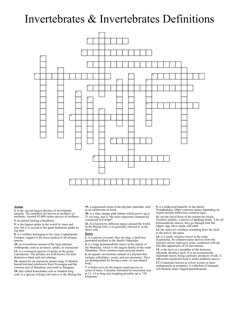 Invertebrates & Invertebrates Definitions Crossword