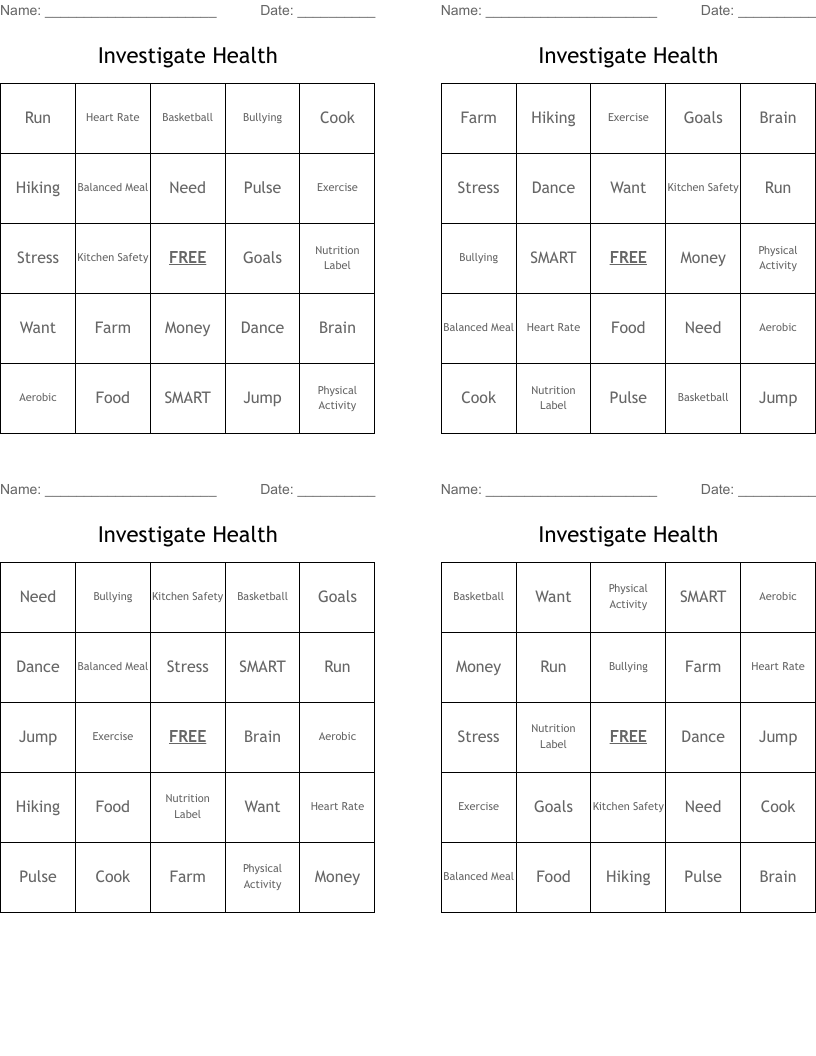 Investigate Health Bingo Cards