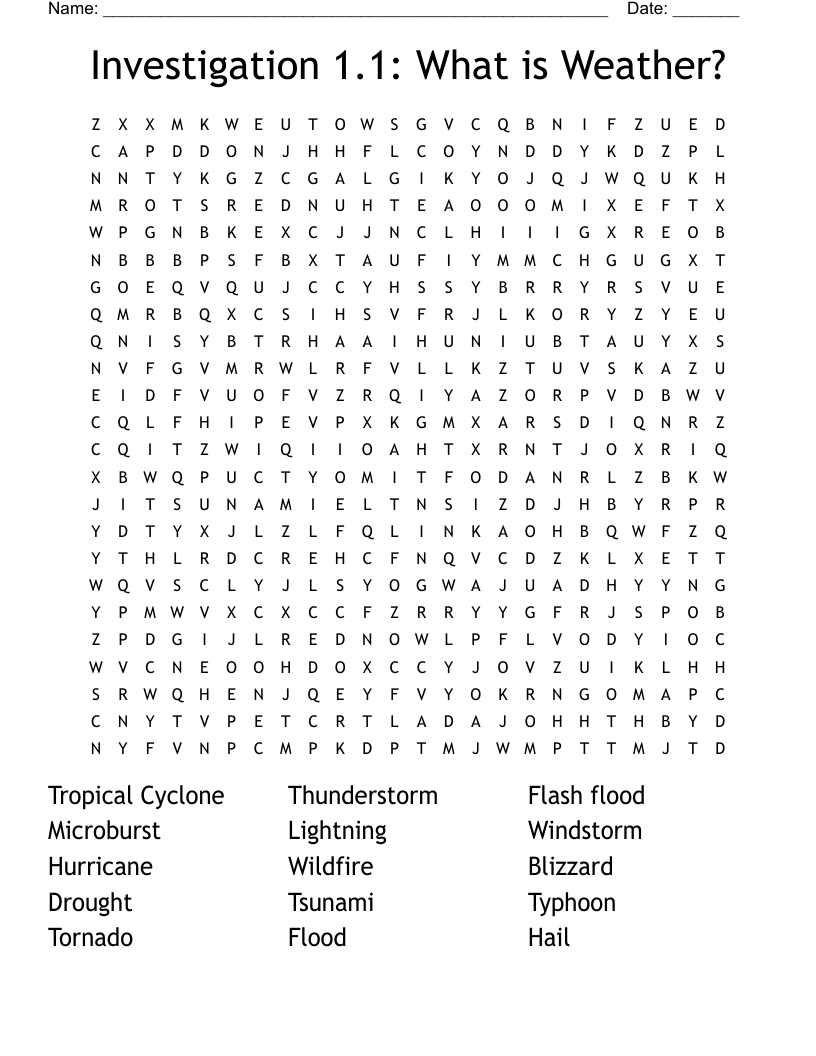Investigation 1.1:  What is Weather? Word Search
