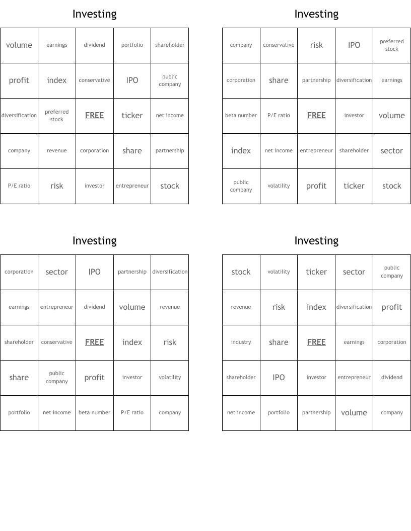 Investing Bingo Cards