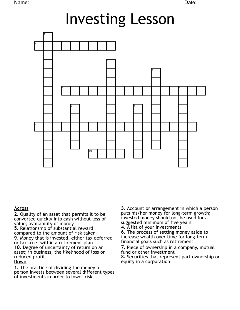 Investing Lesson Crossword
