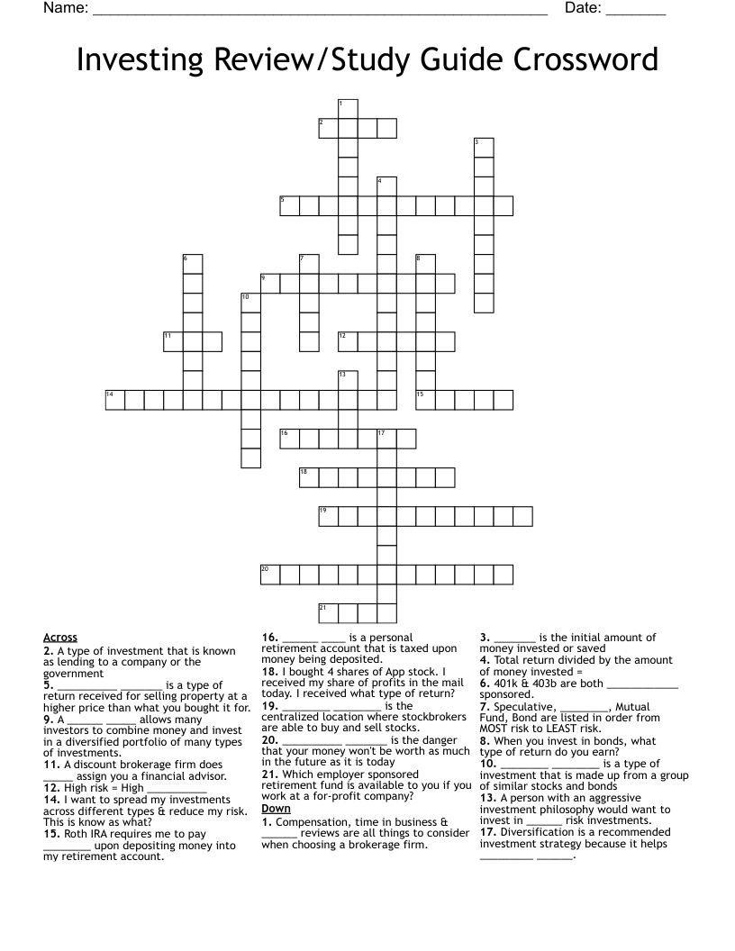 Investing Review/Study Guide Crossword