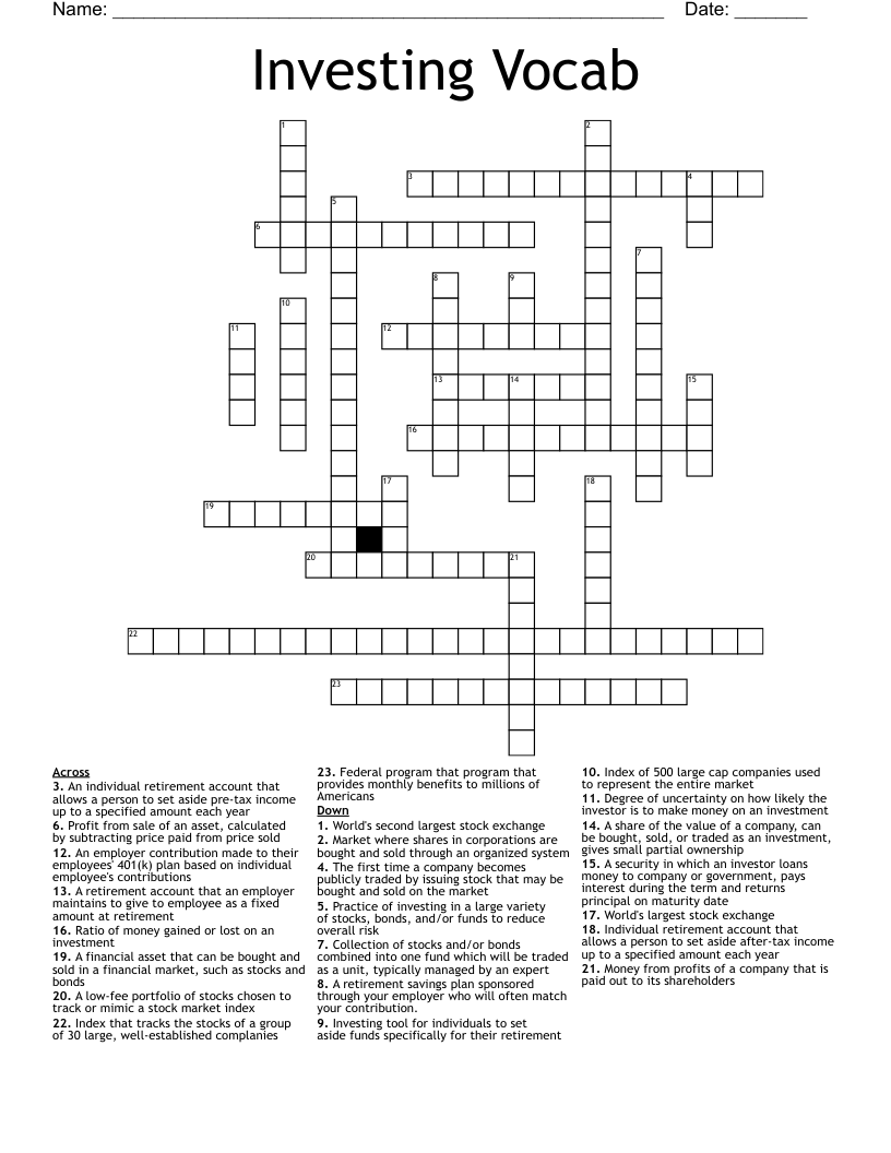 Investing Vocab Crossword