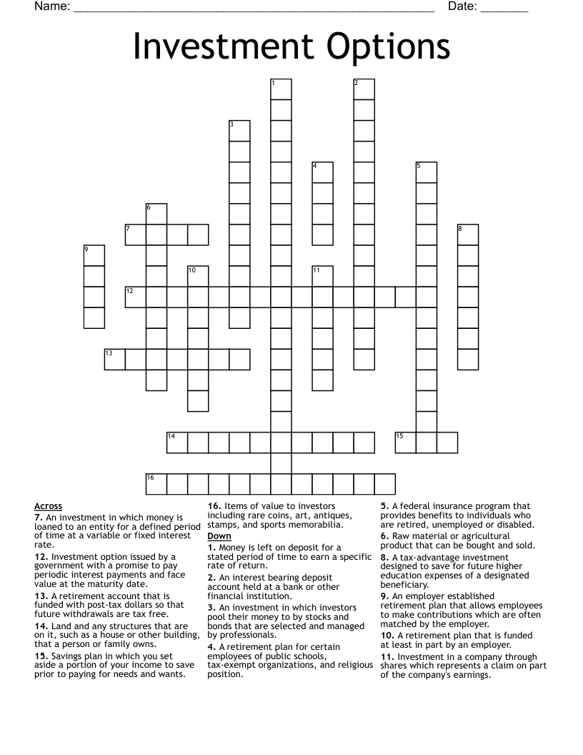 Investment Options Crossword