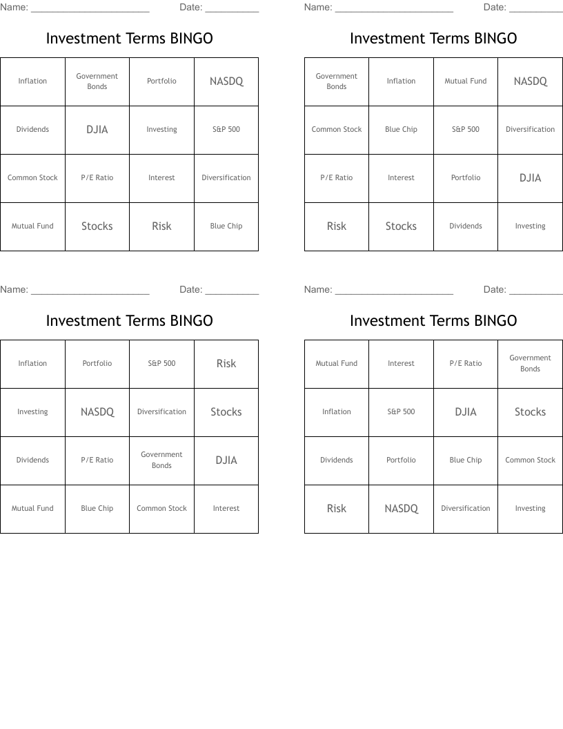 Investment Terms BINGO