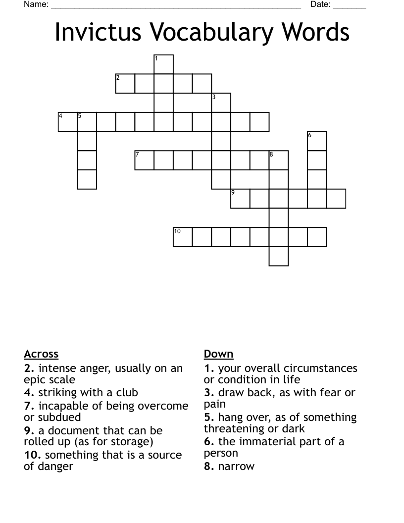 Invictus Vocabulary Words Crossword