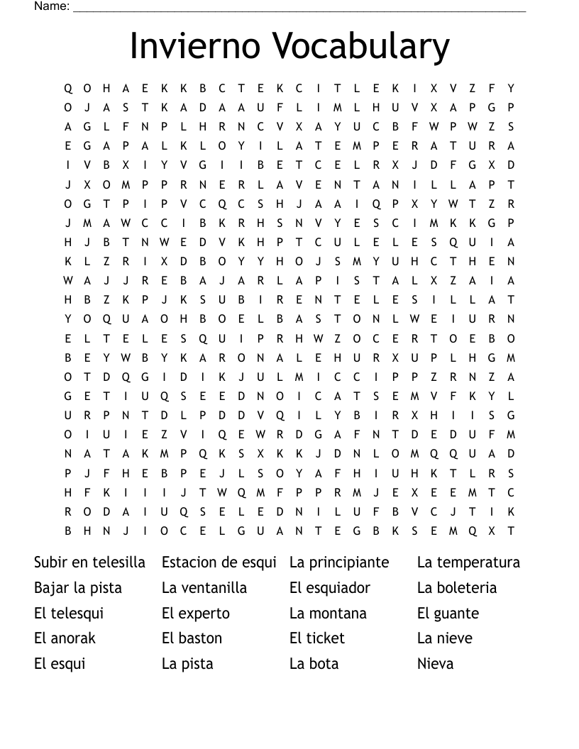 Invierno Vocabulary Word Search