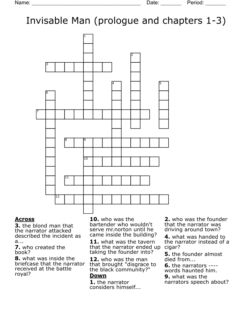 Invisable Man (prologue and chapters 1-3) Crossword