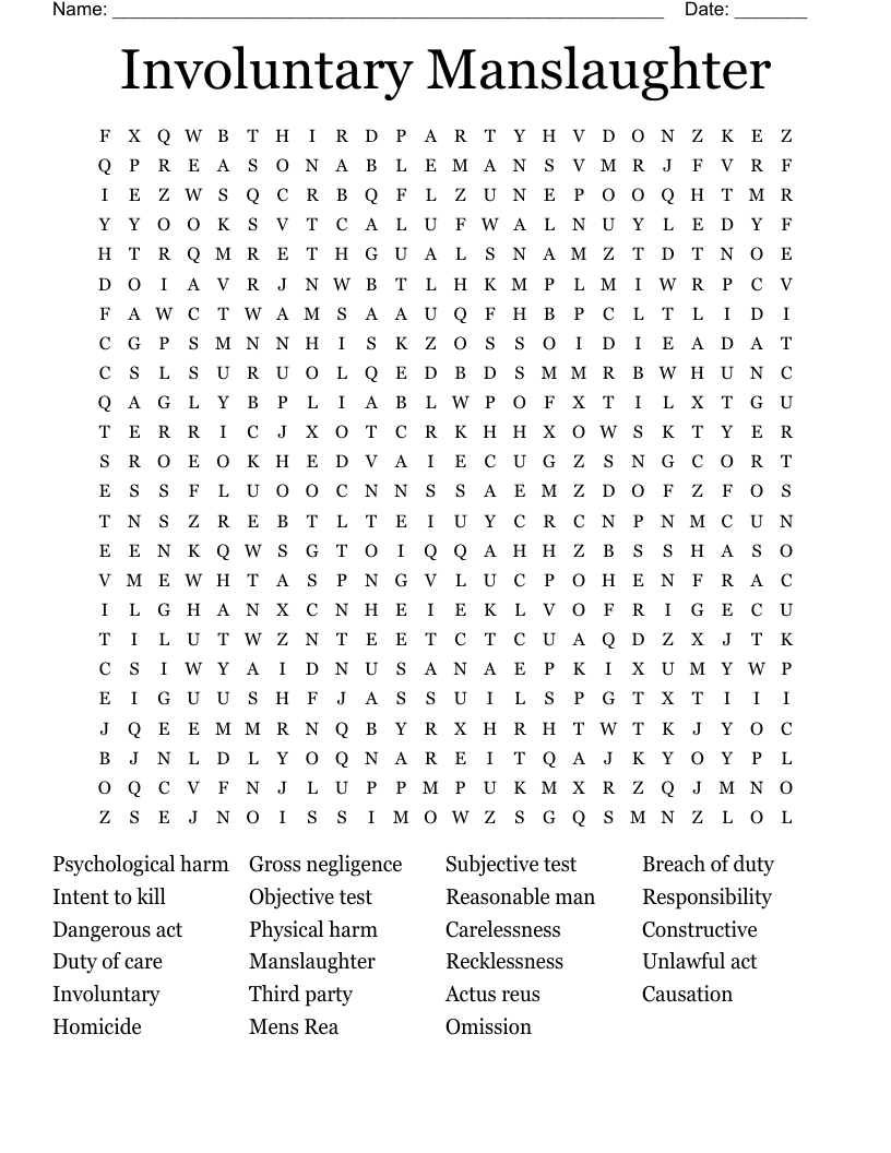 Involuntary Manslaughter  Word Search