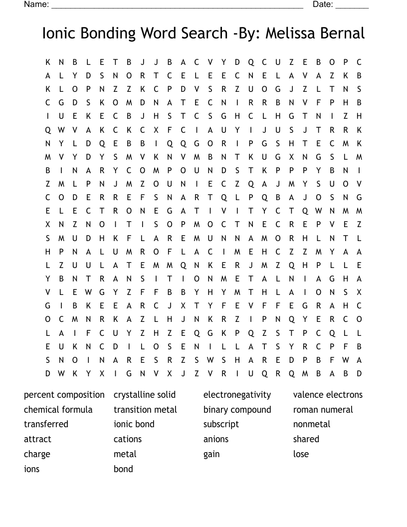 Ionic Bonding Word Search -By: Melissa Bernal
