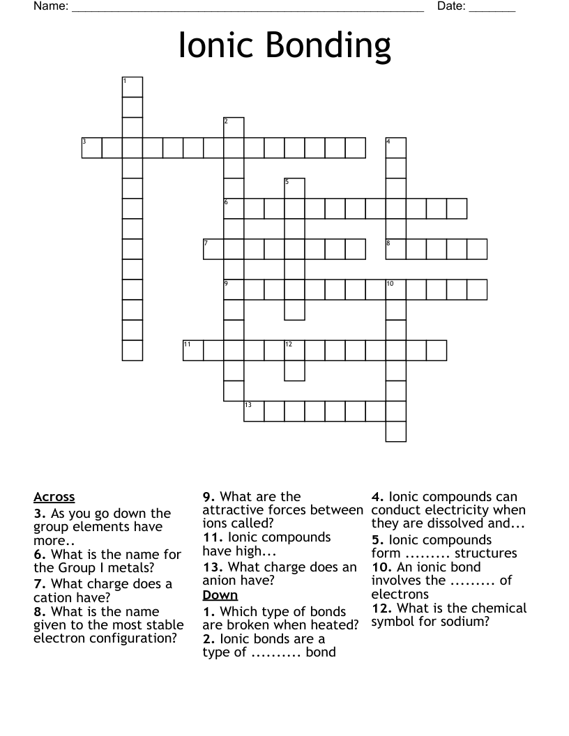 Ionic Bonding  Crossword