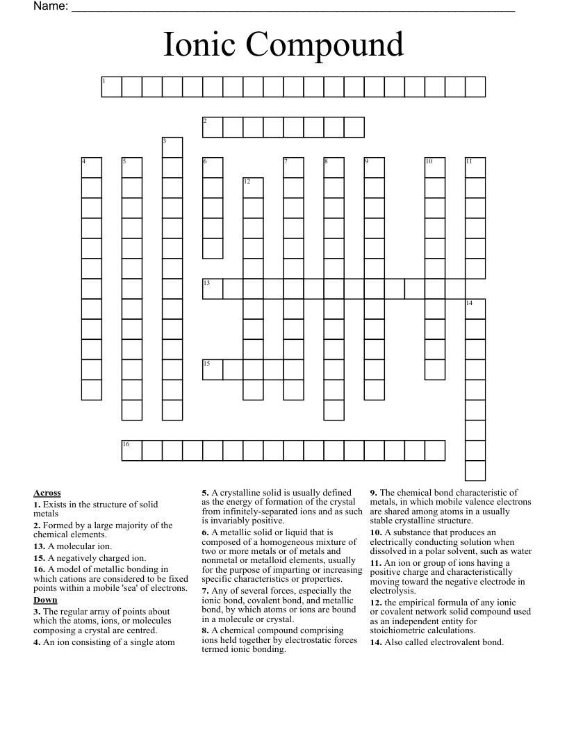 Ionic Compound Crossword