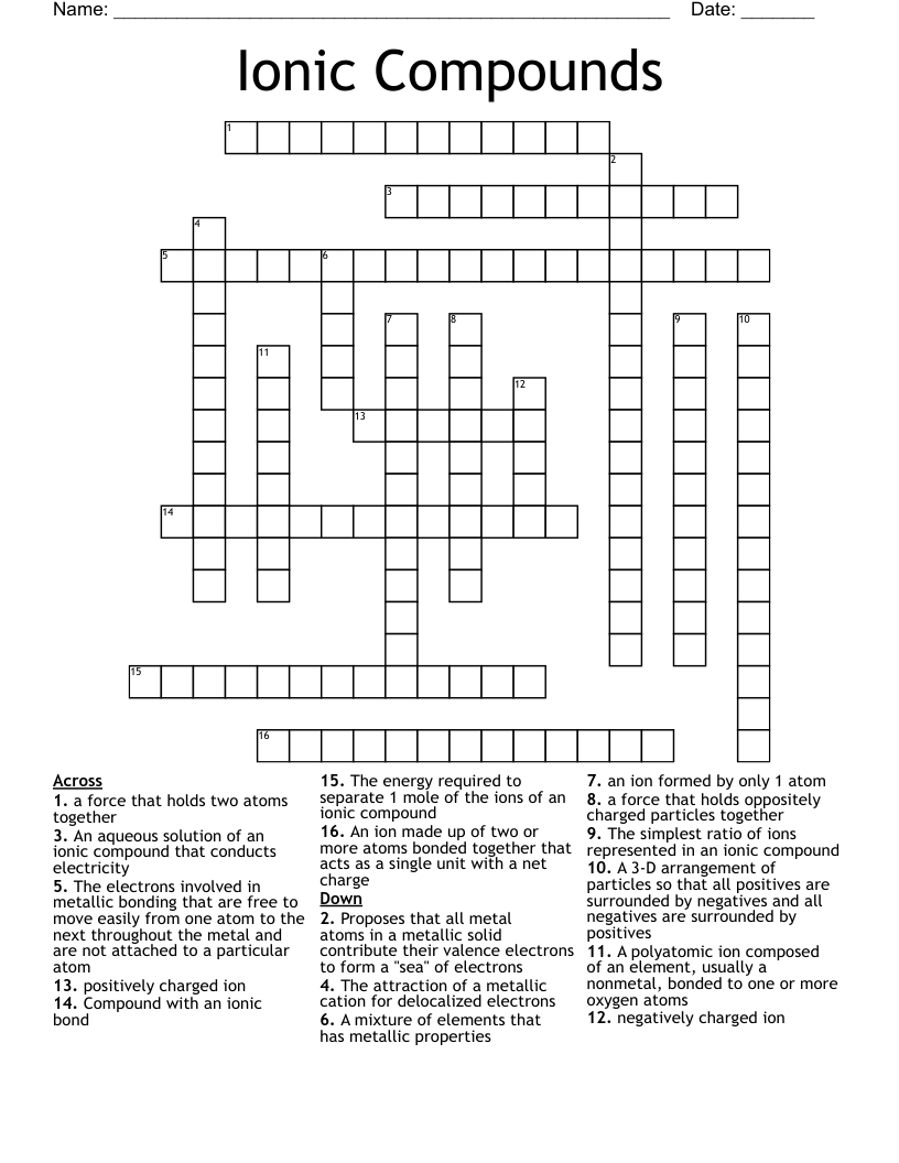 Ionic Compounds Crossword