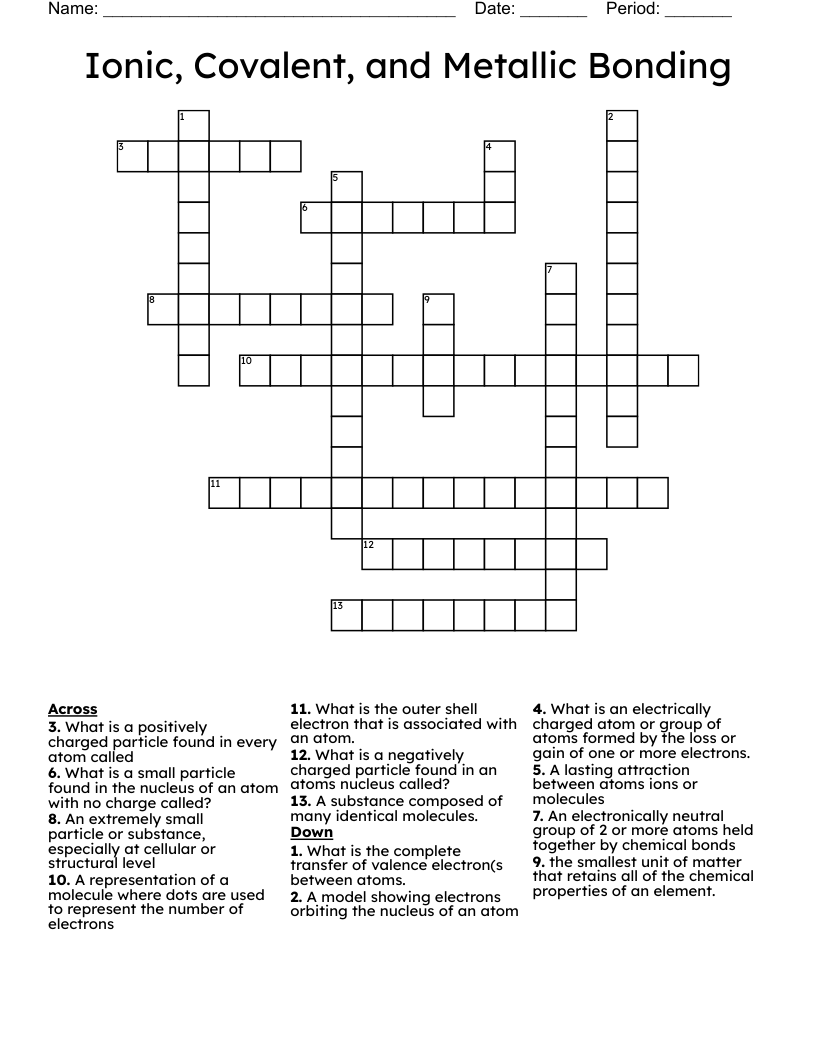 Ionic, Covalent, and Metallic Bonding Crossword