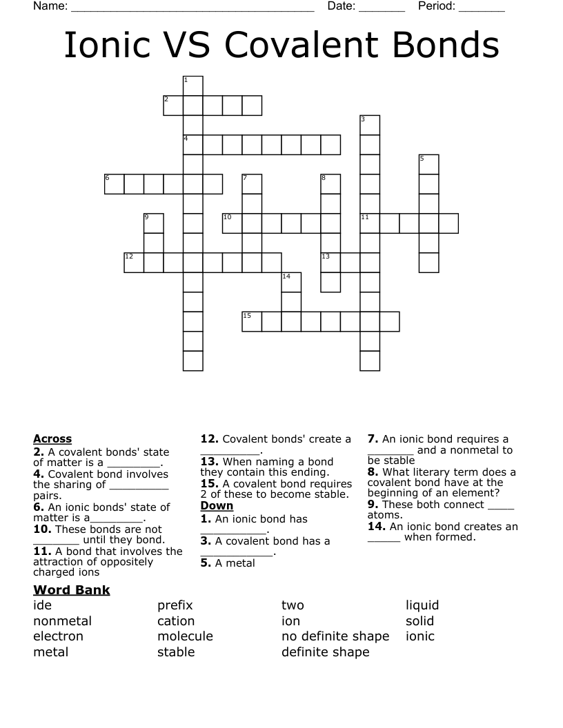 Ionic VS Covalent Bonds Crossword