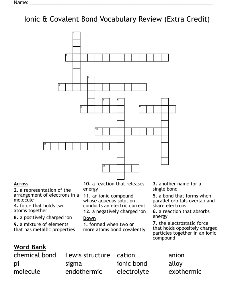 Ionic & Covalent Bond Vocabulary Review (Extra Credit) Crossword