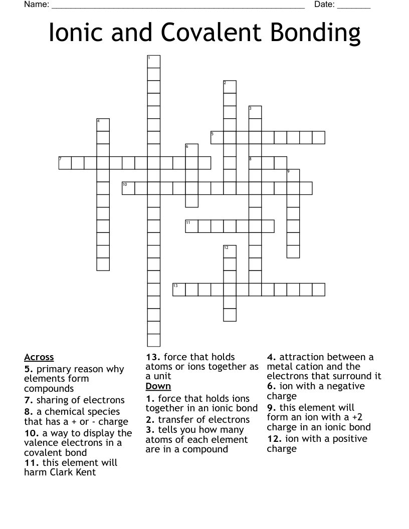 Ionic and Covalent Bonding Crossword