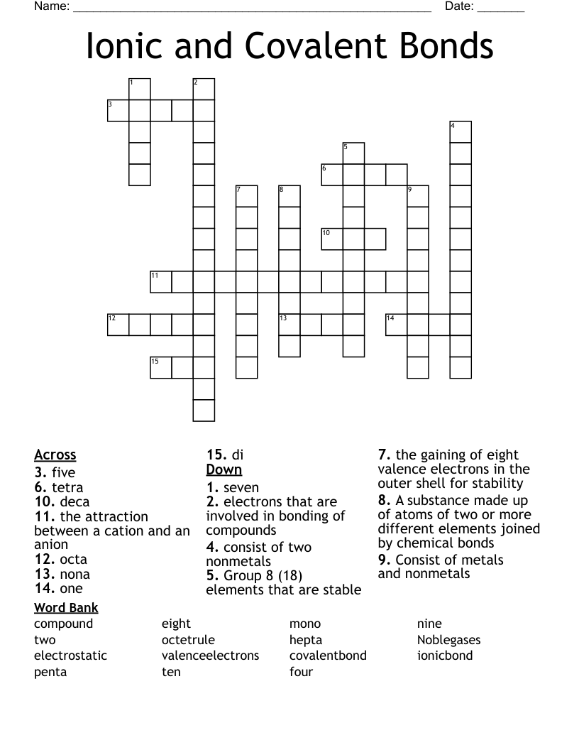 Ionic and Covalent Bonds Crossword