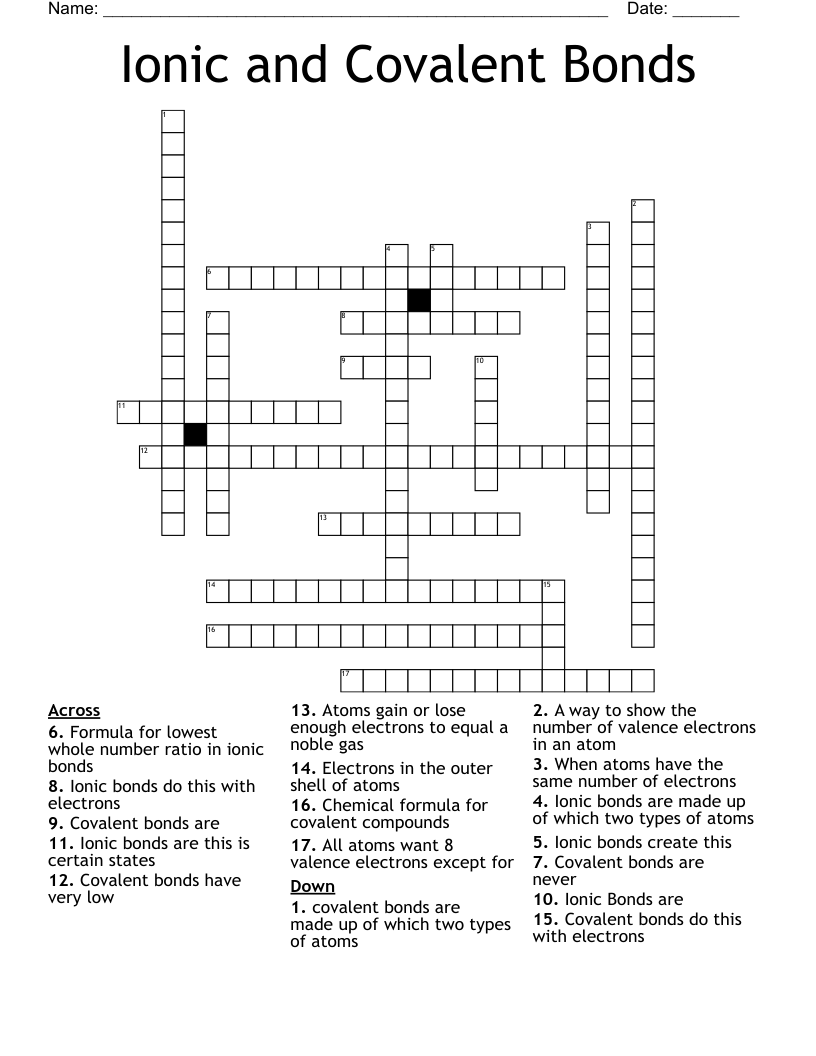Ionic and Covalent Bonds Crossword