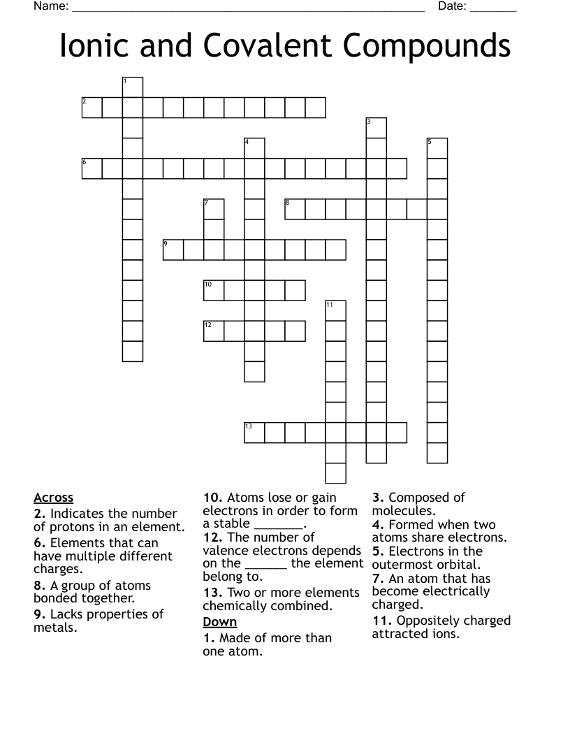 Ionic and Covalent Compounds Crossword