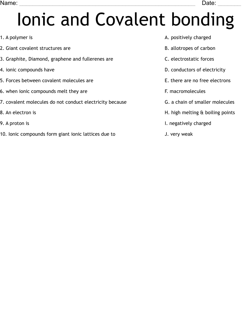 Ionic and Covalent bonding Worksheet