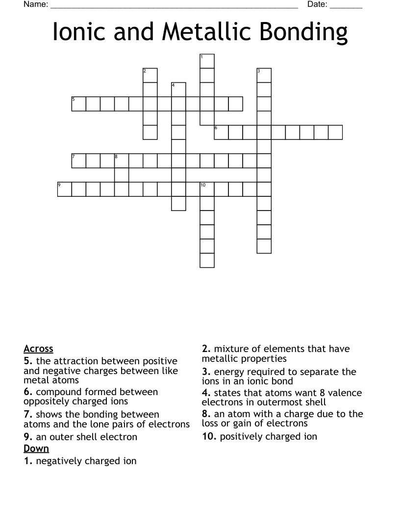 Ionic and Metallic Bonding Crossword