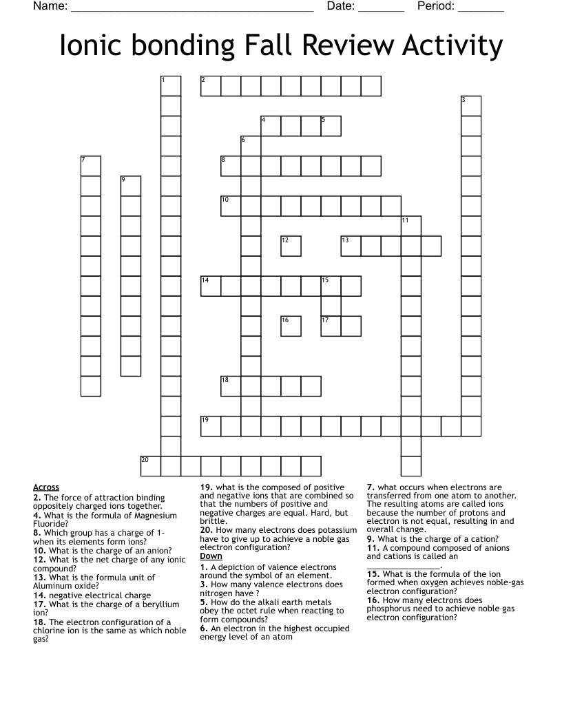 Ionic bonding Fall Review Activity Crossword