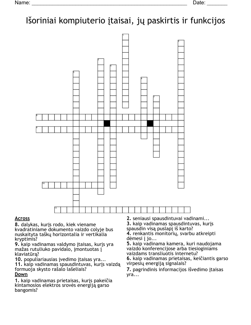 Išoriniai kompiuterio įtaisai, jų paskirtis ir funkcijos Crossword