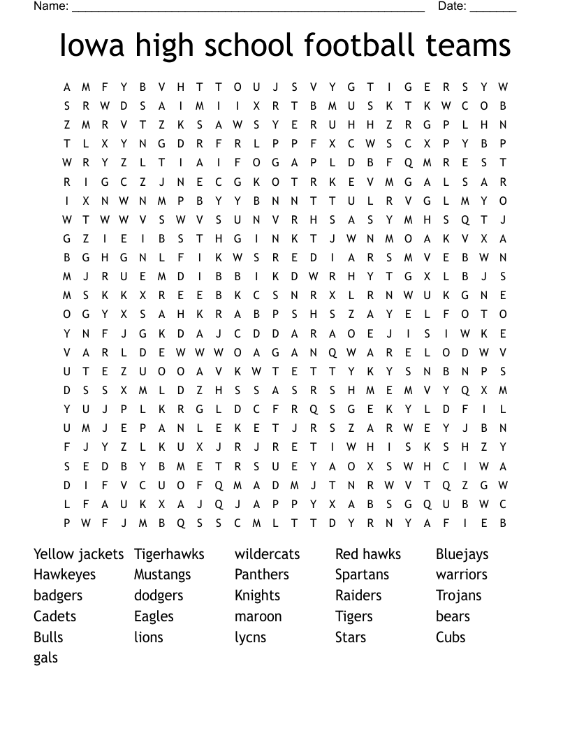 Iowa high school football teams Word Search
