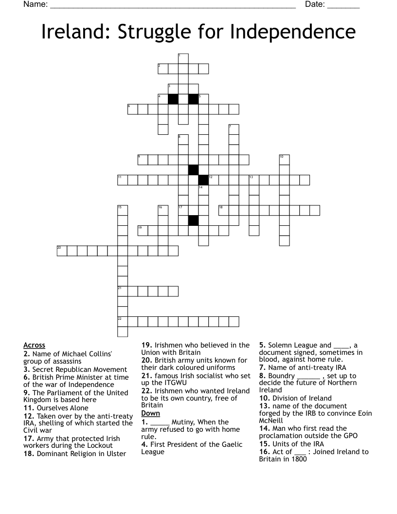 Ireland: Struggle for Independence Crossword