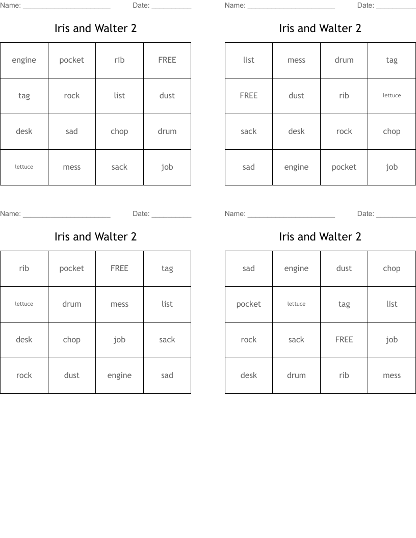 Iris and Walter 2 Bingo Cards