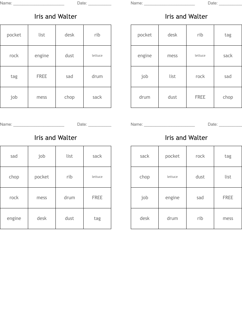 Iris and Walter Bingo Cards