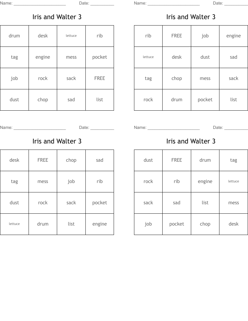 Iris and Walter 3 Bingo Cards