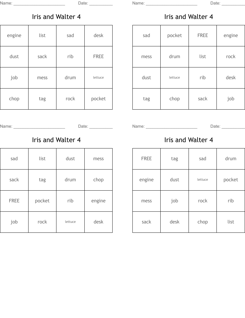 Iris and Walter 4 Bingo Cards