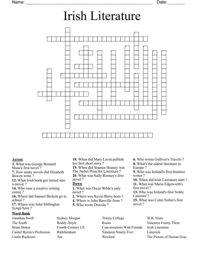 Irish Literature  Crossword