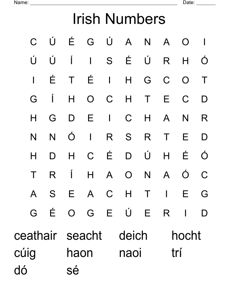 Irish Numbers Word Search