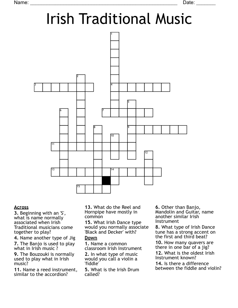 Irish Traditional  Music Crossword