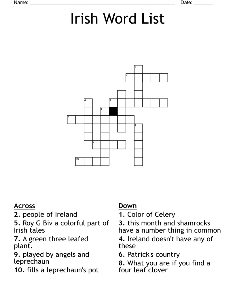 Irish Word List Crossword