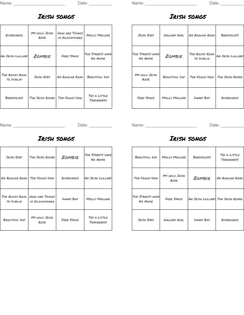 Irish songs Bingo Cards