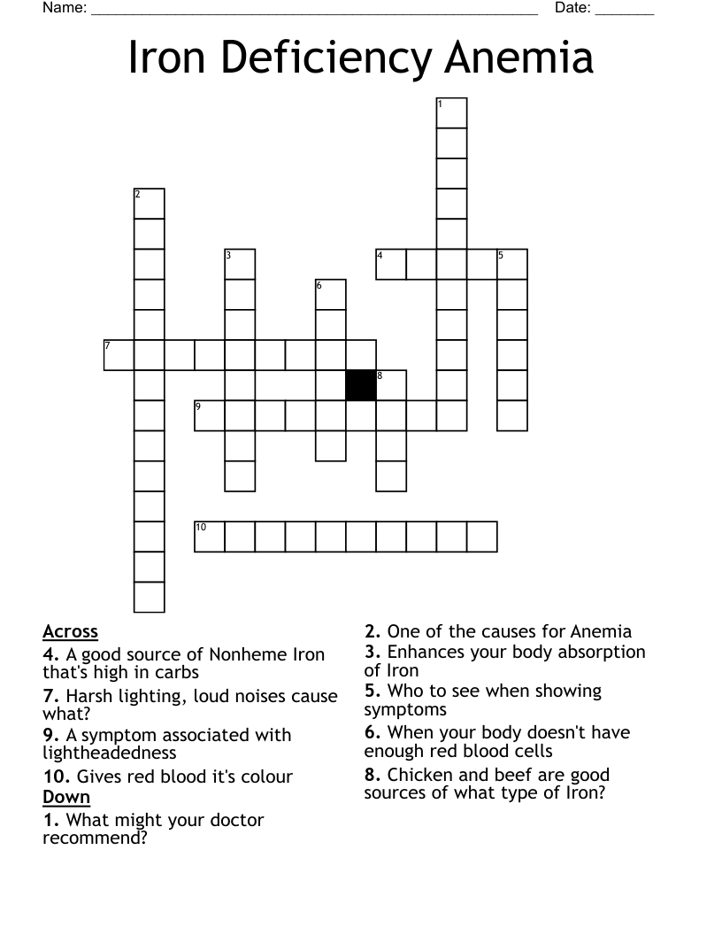 Iron Deficiency Anemia Crossword