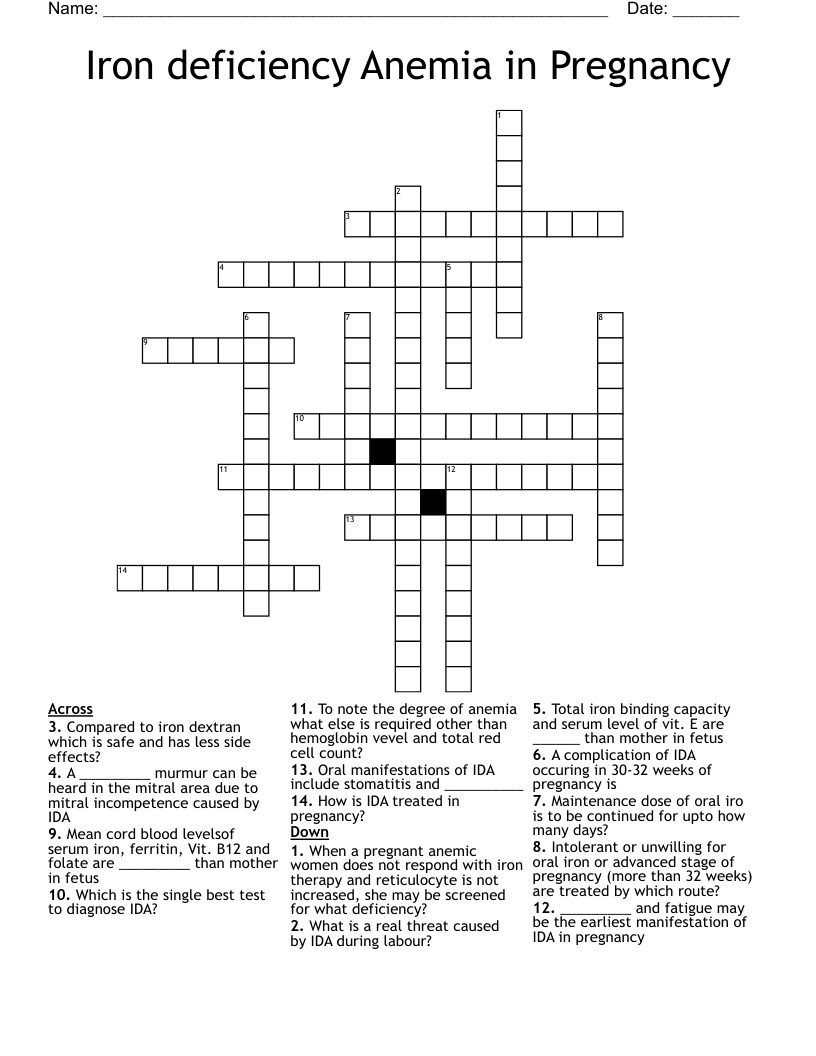 Iron deficiency Anemia in Pregnancy Crossword