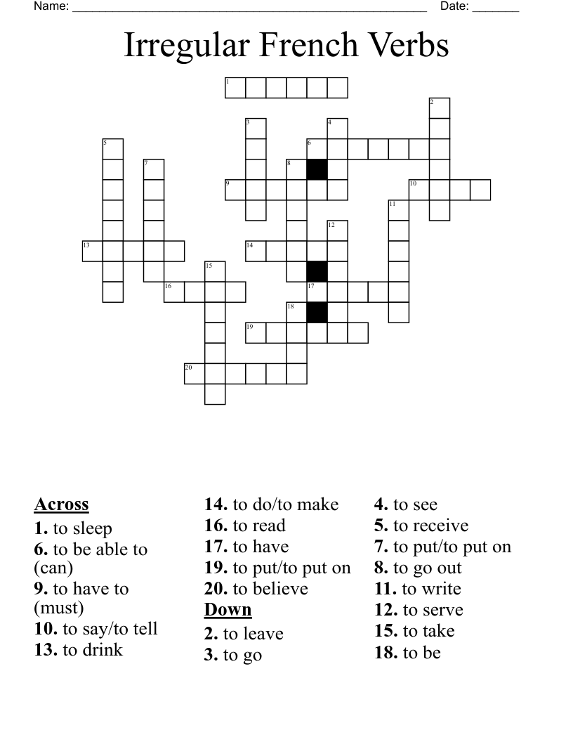 Irregular French Verbs Crossword