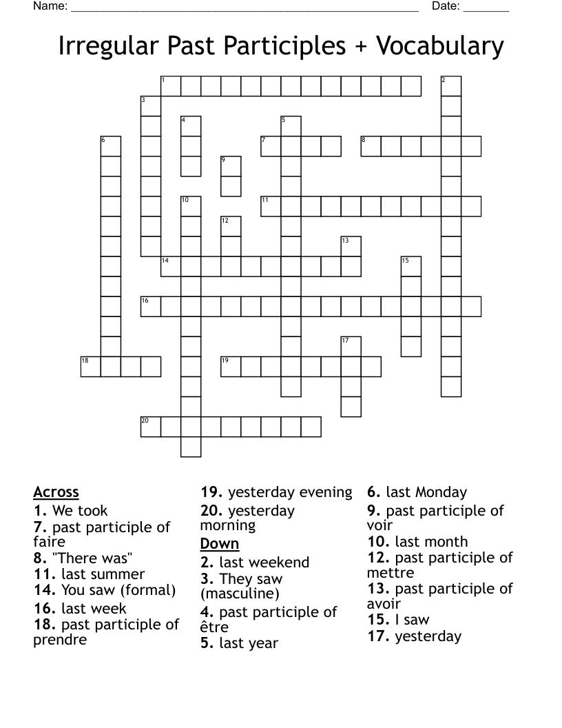 Irregular Past Participles + Vocabulary Crossword
