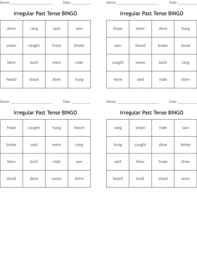 Irregular Past Tense BINGO