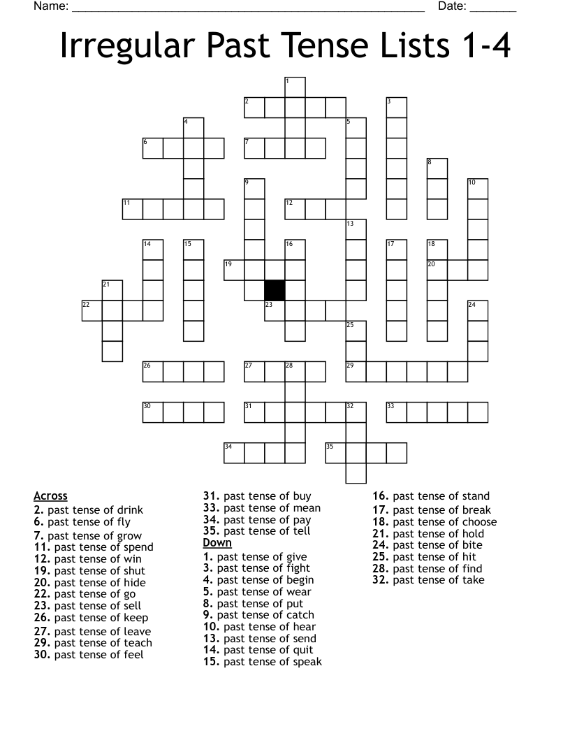 Irregular Past Tense Lists 1-4 Crossword