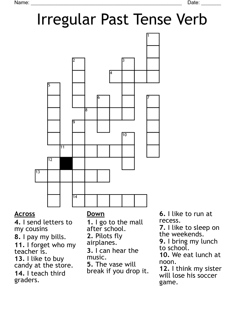 Irregular Past Tense Verb Crossword