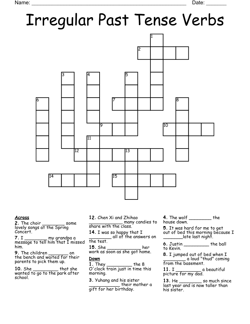 Irregular Past Tense Verbs Crossword