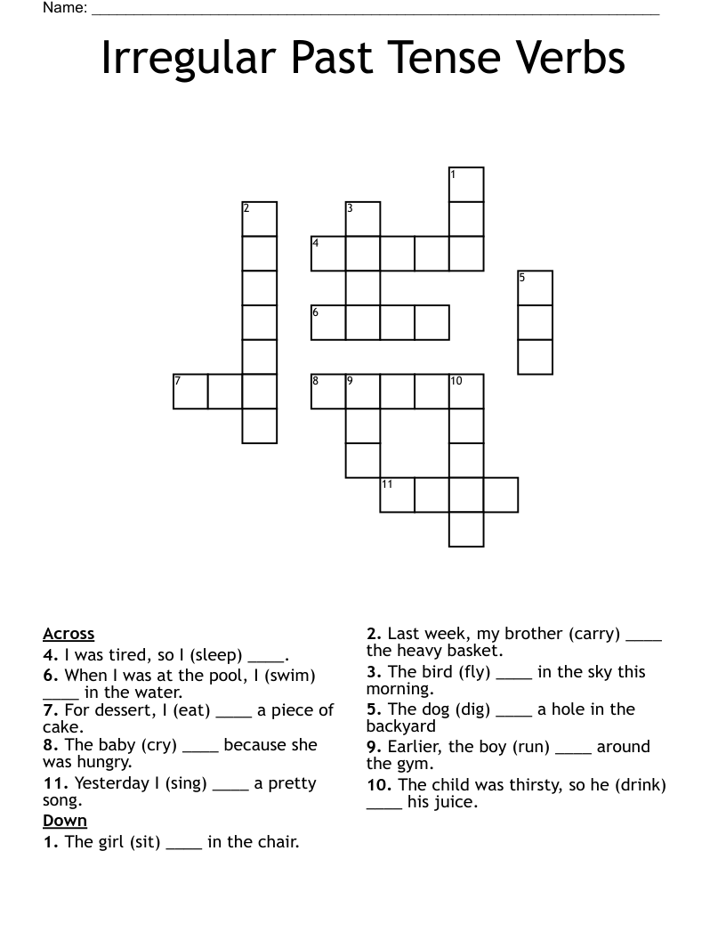 Irregular Past Tense Verbs Crossword